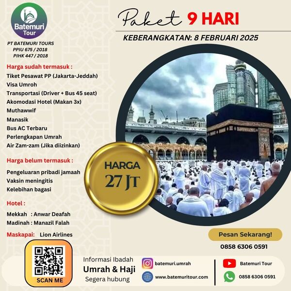 Umrah Sya'ban 1446 H, AT Tour , Paket 9 hari , Keberangkatan 8 Februari 2025